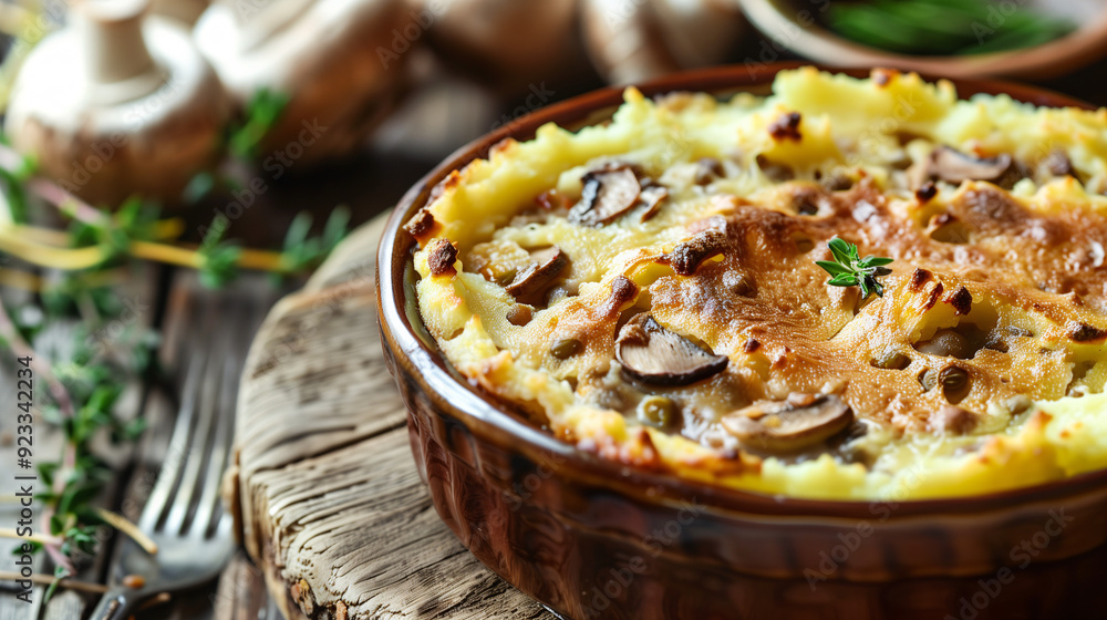 a hearty mushroom and lentil shepherd’s pie, with a golden mashed potato crust, served in a rustic baking dish on a farmhouse table a hearty mushroom and lentil shepherd’s pie, with a golden mashed potato crust, served in a rustic baking dish on a farmhouse table