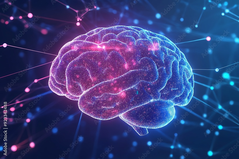 Abstract brain hologram on blue background Abstract brain hologram on blue background