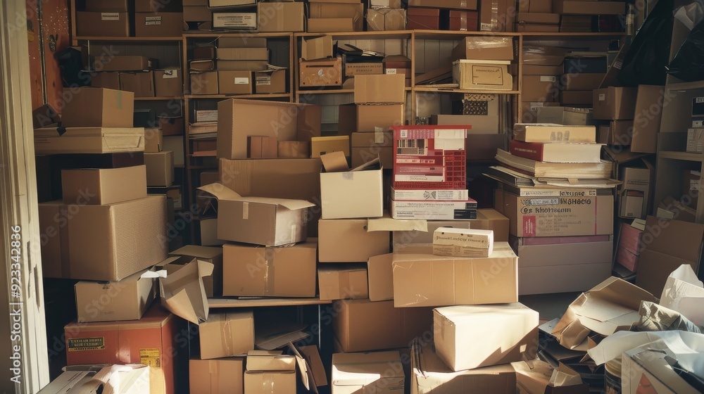 A room filled to the brim with paper boxes, materials cluttered everywhere, suggesting busy preparations or moving chaos. A room filled to the brim with paper boxes, materials cluttered everywhere, suggesting busy preparations or moving chaos.