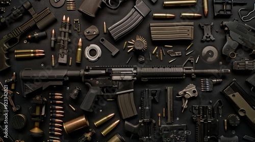 Fototapeta kuchenna An array of various firearms and ammunition meticulously arranged on a dark surface, symbolizing military or tactical readiness and precision.
