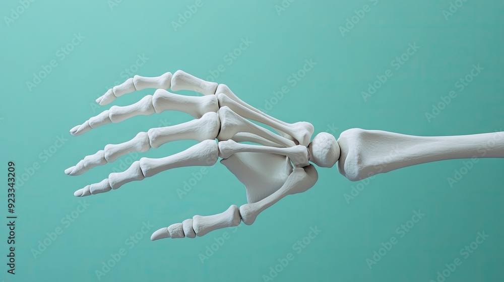 Skeletal hand anatomy isolated on a simple color background, ideal for adding medical labels or information. Skeletal hand anatomy isolated on a simple color background, ideal for adding medical labels or information.