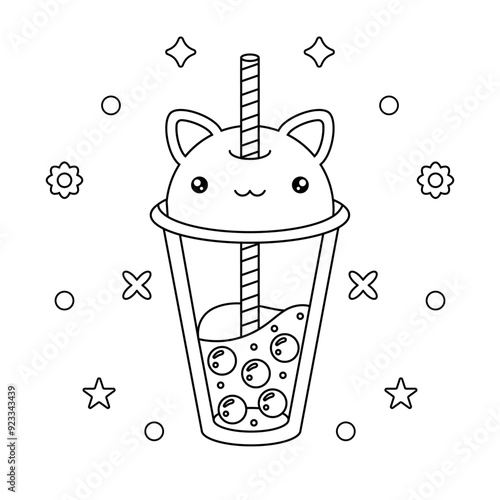 coloring page of a cup in the shape of a cat with bubble tea with different elements for coloring in black and white
