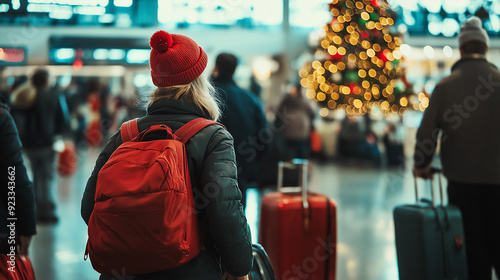 Holiday traveler with a red backpack at a busy airport terminal, Christmas tree in the background capturing the festive travel season photo