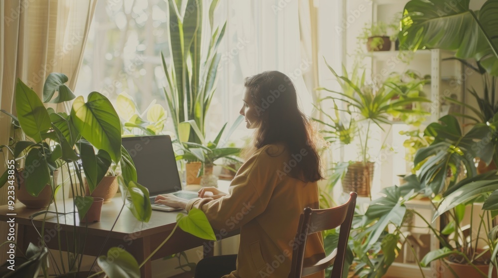 A person working remotely from a home office surrounded by lush green indoor plants, creating a tranquil and productive environment. A person working remotely from a home office surrounded by lush green indoor plants, creating a tranquil and productive environment.