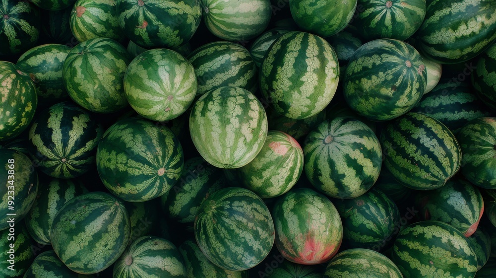 An abundance of watermelons in various shades of green fills the frame, creating a lush and refreshing scene. An abundance of watermelons in various shades of green fills the frame, creating a lush and refreshing scene.