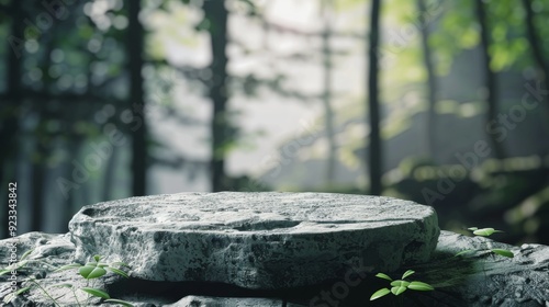 A moss-covered stone platform amidst a lush, green forest, evoking tranquility and a deep connection to nature’s serenity and resilience.