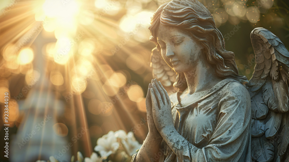 Praying stone angel statue with sun rays and bokeh background in a cemetery Praying stone angel statue with sun rays and bokeh background in a cemetery