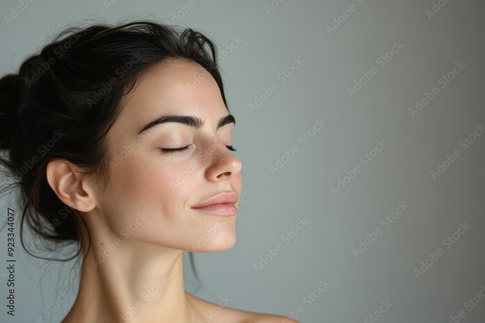 A close up of a woman's face with her eyes closed