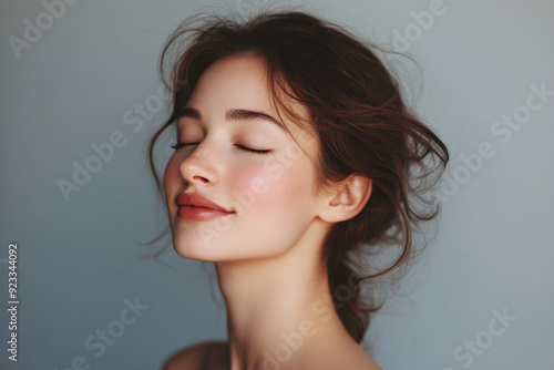 A close up of a woman's face with her eyes closed