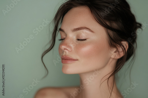 A close up of a woman's face with her eyes closed