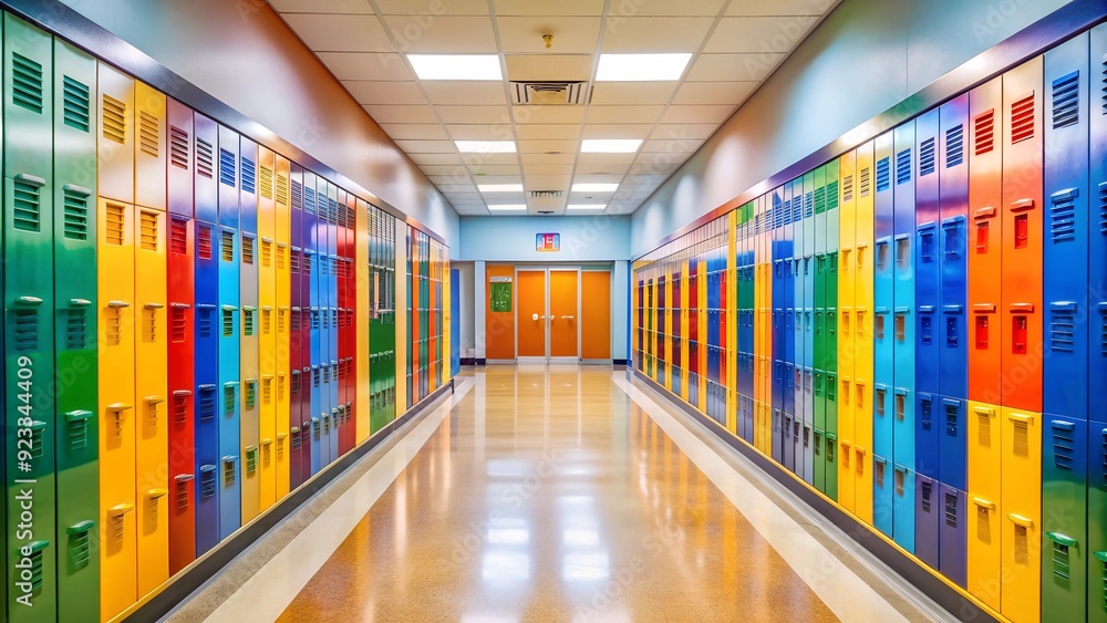 Modern School Hallway Background with Focus on Locker and Student Artwork Modern School Hallway Background with Focus on Locker and Student Artwork