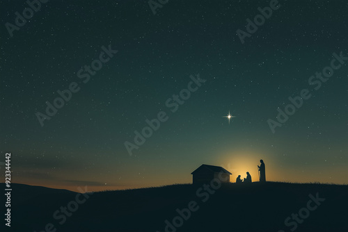 Minimalist nativity scene with illuminated figures of Mary, Joseph, and baby Jesus against a starry night backdrop