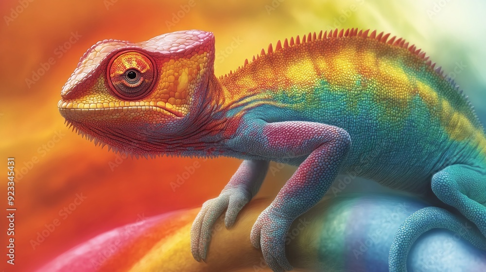 Obraz premium Rainbow Camouflage: Chameleon Blending into a Vibrant Spectrum of Colors