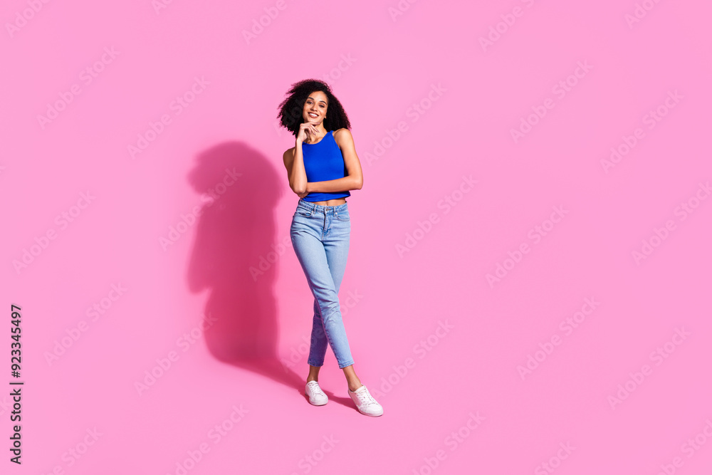 Photo of cute lovely girl standing touch finger chin thinking isolated pastel color background Photo of cute lovely girl standing touch finger chin thinking isolated pastel color background