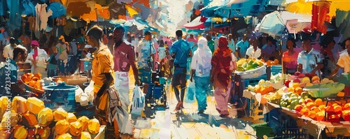 Vibrant, bustling outdoor market scene with people shopping for fresh produce, colorful stalls, and sunlight casting dramatic shadows.