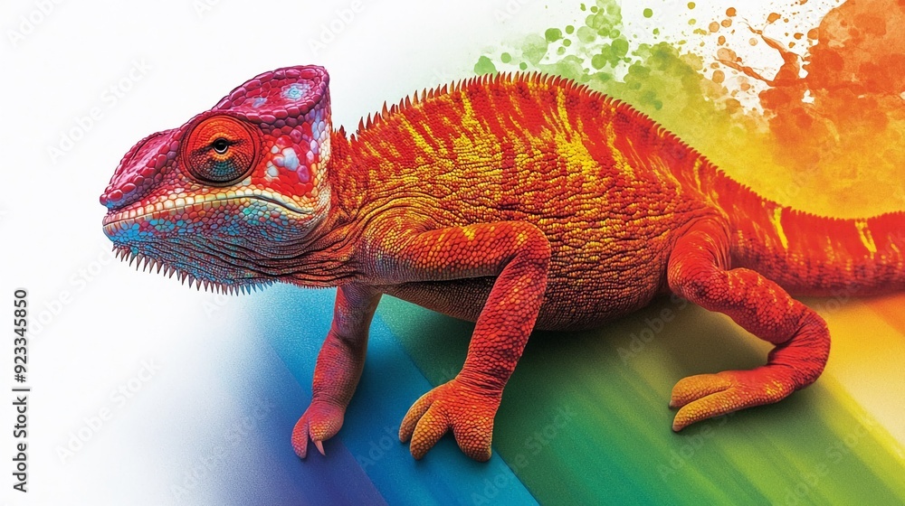 Fototapeta premium Rainbow Camouflage: Chameleon Blending into a Vibrant Spectrum of Colors