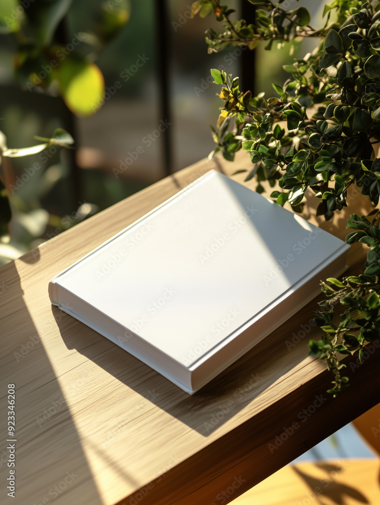 Fototapeta premium white soft cover book lying on the table, birds eye view