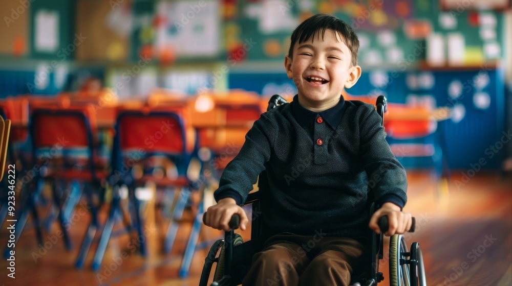 A cheerful young boy smiles widely while sitting in a wheelchair in a brightly-lit, colorful classroom, embodying joy and inclusivity. A cheerful young boy smiles widely while sitting in a wheelchair in a brightly-lit, colorful classroom, embodying joy and inclusivity.