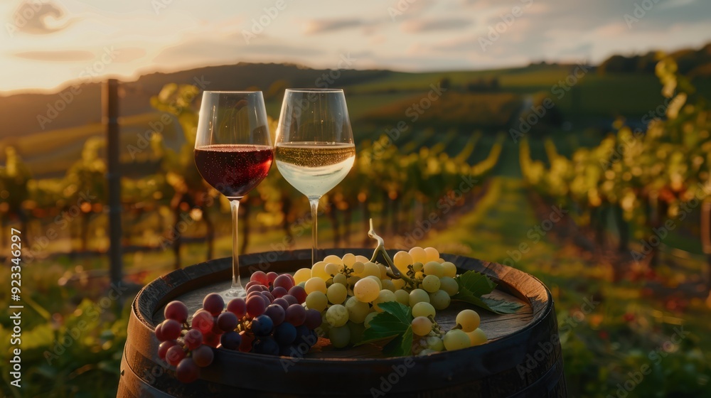 Fototapeta premium The glasses on vineyard barrel