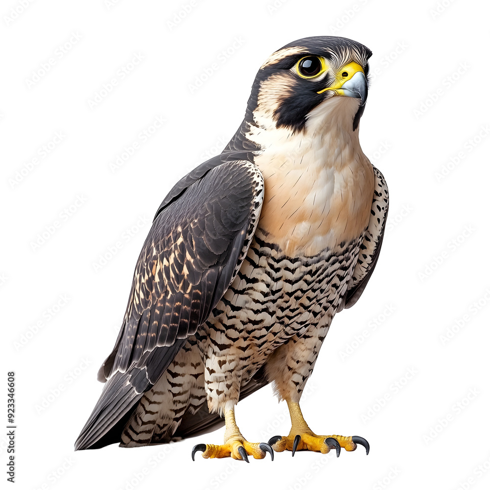 Obraz premium A Striking Falcon in Detail Perching on a Plain White Background transparent png