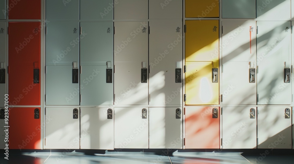 Colorful lockers with shades of red, yellow, and white, highlighted by sunlight streaming through a nearby window. Colorful lockers with shades of red, yellow, and white, highlighted by sunlight streaming through a nearby window.