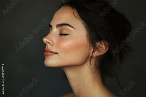 A close up of a woman's face with her eyes closed