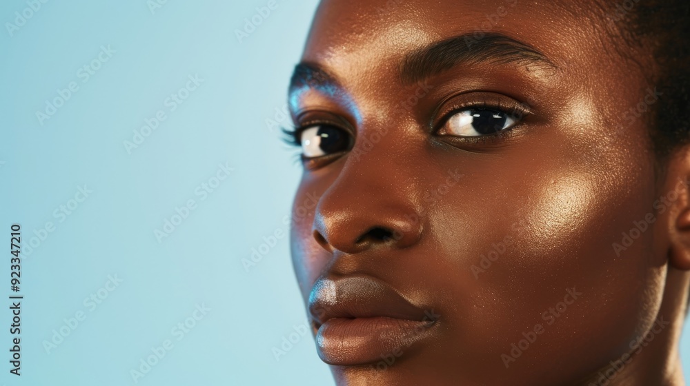 A close-up of a person with dewy, glowing skin against a pastel blue background, capturing fresh beauty and purity. A close-up of a person with dewy, glowing skin against a pastel blue background, capturing fresh beauty and purity.
