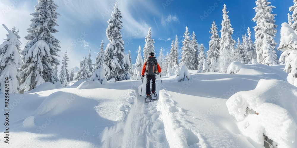A hiker in snowshoes trekking through deep snow in a remote, winter wilderness, with tall pine trees and untouched snow. A hiker in snowshoes trekking through deep snow in a remote, winter wilderness, with tall pine trees and untouched snow.