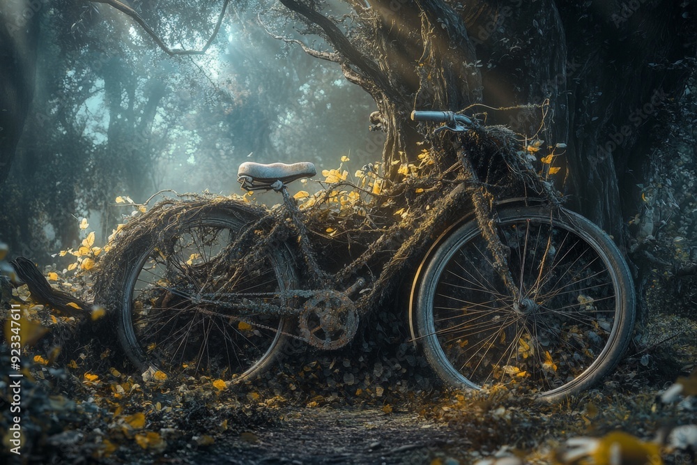 Obraz premium A bicycle with tree branches growing out of its wheels, parked in a mystical forest, high resolution, detailed textures, crisp focus