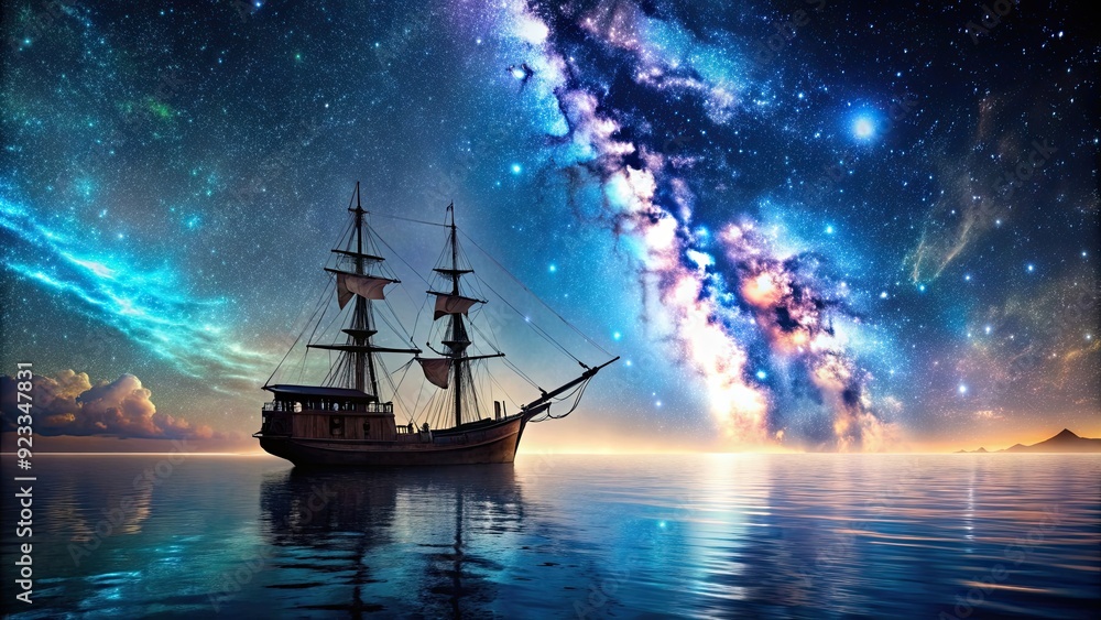 Pirate ship sailing into bioluminescence sea under a galaxy sky, pirate ship, sailing, bioluminescence, sea, galaxy Pirate ship sailing into bioluminescence sea under a galaxy sky, pirate ship, sailing, bioluminescence, sea, galaxy