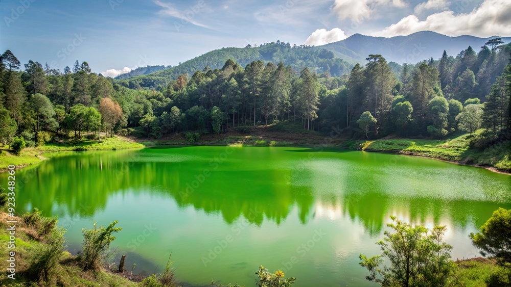 Green water lake surrounded by dense forest with mountains in the background at Telaga Warna, Dieng Plateau Green water lake surrounded by dense forest with mountains in the background at Telaga Warna, Dieng Plateau