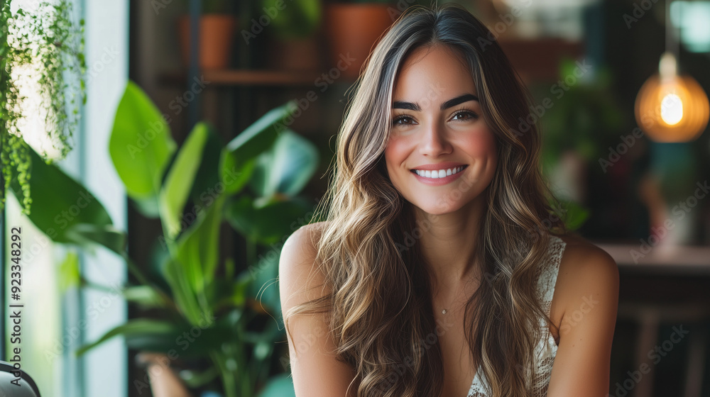 A woman with long, wavy hair, smiling gracefully, sits in a modern, elegant setting. The setting, with its luxurious décor and green plants, highlights her natural beauty. A woman with long, wavy hair, smiling gracefully, sits in a modern, elegant setting. The setting, with its luxurious décor and green plants, highlights her natural beauty.
