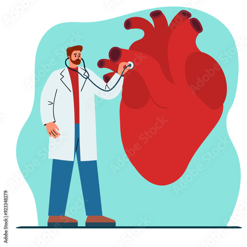 Male cardiologist doctor conducts a medical examination of a human heart. Heart disease examination. Cardiology concept. Flat vector illustration on blue background