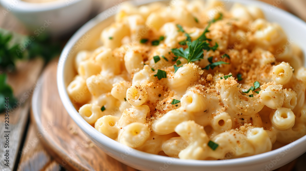 a vegan mac and cheese, made with a cashew-based sauce, served in a white bowl with a sprinkle of nutritional yeast and fresh parsley, on a wooden table a vegan mac and cheese, made with a cashew-based sauce, served in a white bowl with a sprinkle of nutritional yeast and fresh parsley, on a wooden table