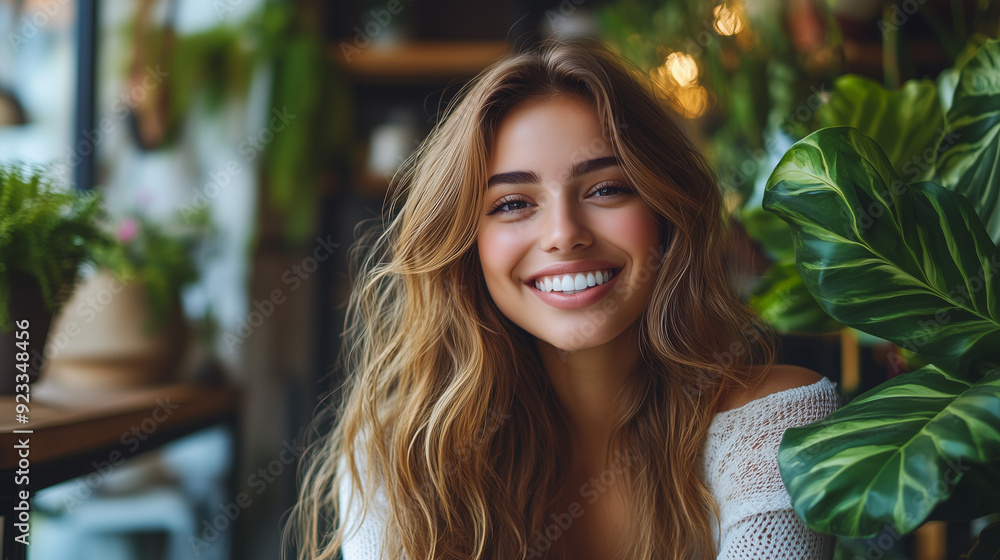 A woman with long, wavy hair, smiling gracefully, sits in a modern, elegant setting. The setting, with its luxurious décor and green plants, highlights her natural beauty. A woman with long, wavy hair, smiling gracefully, sits in a modern, elegant setting. The setting, with its luxurious décor and green plants, highlights her natural beauty.