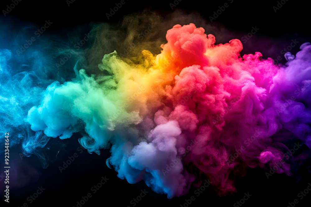 Fototapeta premium Colorful clouds and smoke of different colors on black background, rainbow holi paint powder explosion