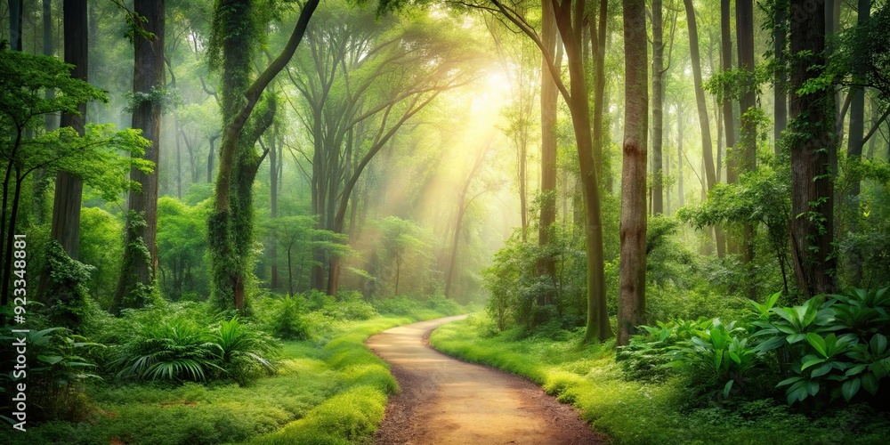 Obraz premium Background featuring lush forest trees, a winding path, and soft muted colors, forest, trees, path, background,nature