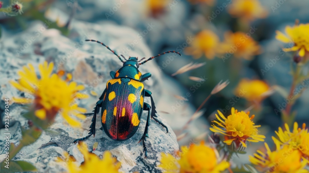 A vibrant beetle with yellow spots sits on a rock surrounded by blooming yellow flowers, showing the beauty of nature's details. A vibrant beetle with yellow spots sits on a rock surrounded by blooming yellow flowers, showing the beauty of nature's details.