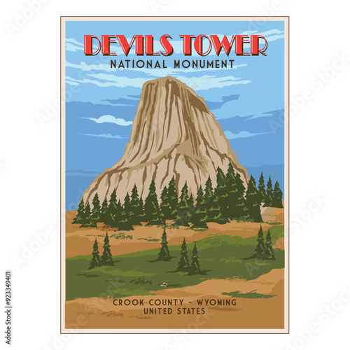 Vintage poster of Devils tower national park vector illustration design