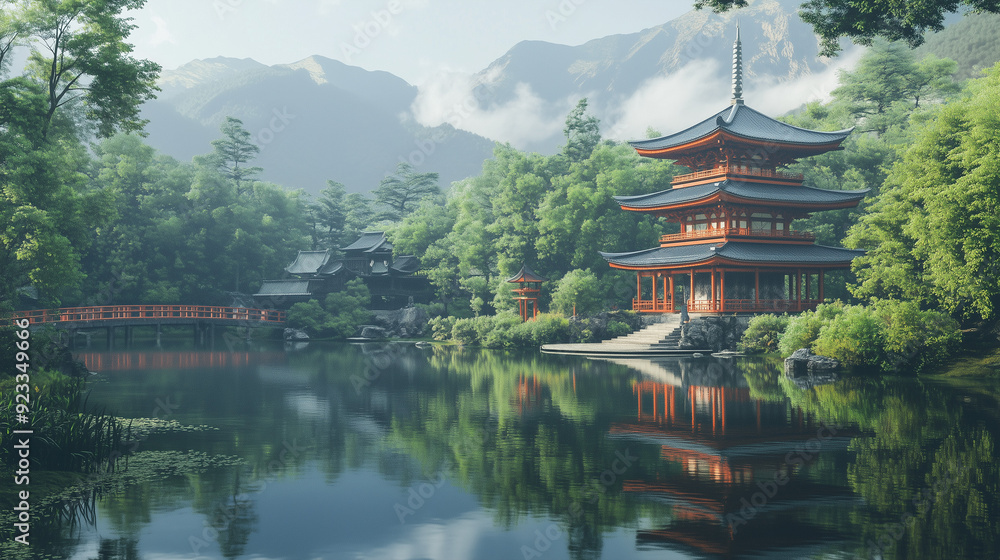 The picturesque setting shows a traditional Japanese pagoda in all its glory, reflected in the calm waters of a pond. The picturesque setting shows a traditional Japanese pagoda in all its glory, reflected in the calm waters of a pond.