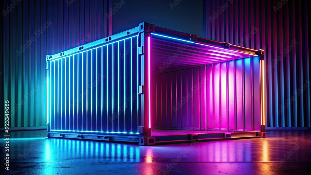 Obraz premium Neon light glowing on a container box background, with a render effect , neon, light, container, box, background,render