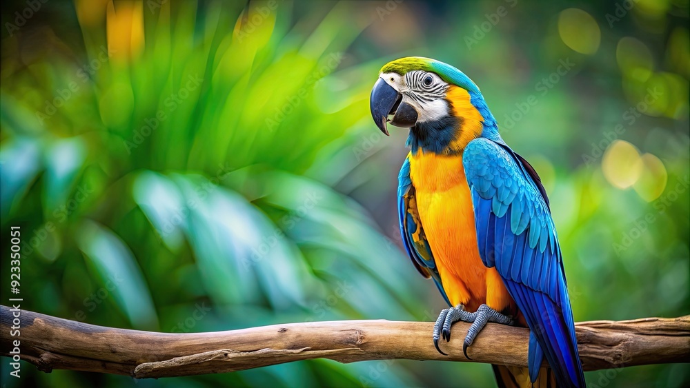 Vibrant blue and yellow macaw perched on a branch, tropical bird, colorful feathers, wildlife, exotic