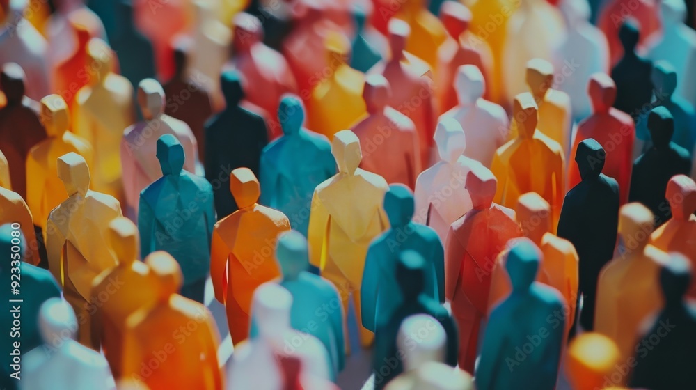 Fototapeta premium Diverse group of miniature figures in various colors illustrates unity and collective presence.