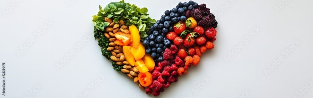 Heart-shaped arrangement of healthy foods, colorful fruits, and leafy greens Heart-shaped arrangement of healthy foods, colorful fruits, and leafy greens
