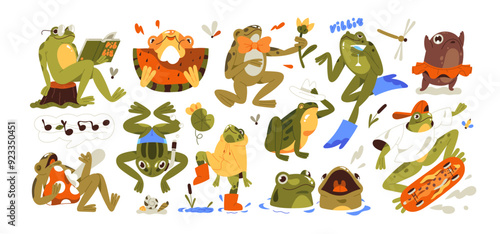 Cute frogs set. Different funny toads croak in pond, relax, have fun. Amusing froggy jumps, diving into water. Life of little swamp amphibians. Flat isolated vector illustrations on white background