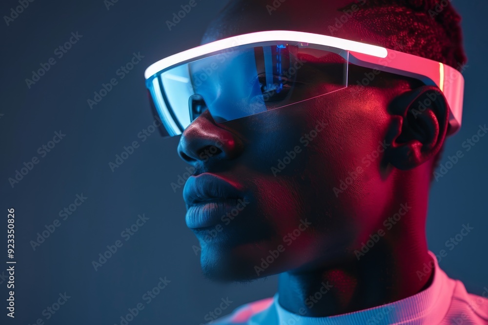 Close-up portrait of a man wearing futuristic glasses Close-up portrait of a man wearing futuristic glasses