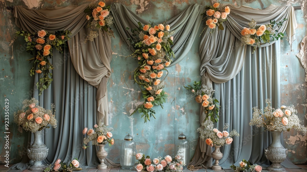 Obraz premium A beautifully arranged backdrop featuring draped fabric and floral decorations, ideal for events or photography.