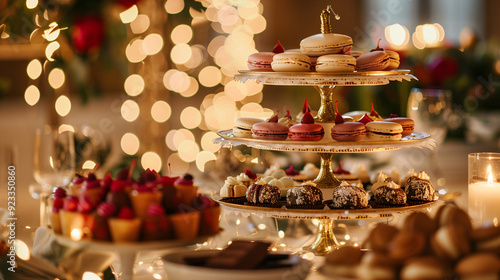 Wallpaper Mural dessert platter with mini tarts, macarons, and chocolate truffles, arranged on a tiered stand, set against a backdrop of fairy lights and a festive table setting Torontodigital.ca