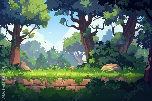 video game forest background, arcade game, game level scene with trees, bushes and stones.