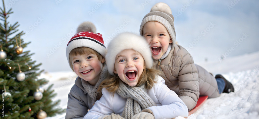 Three children enjoying snowy winter day outdoors, playing and laughing together Three children enjoying snowy winter day outdoors, playing and laughing together